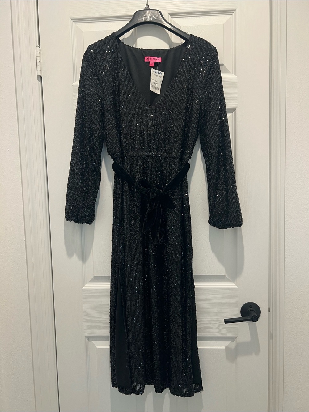 Betsey Johnson Black Sequin V-Neck Long Sleeve Midi Dress